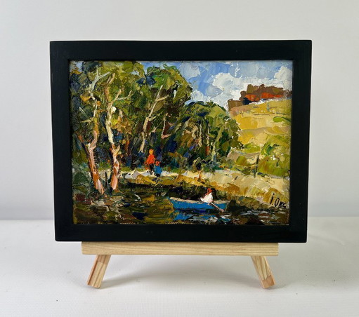 Original Oil Painting Summer Coastal Landscape Family vacation on the lake