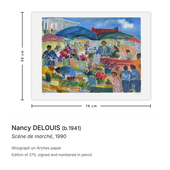 Image 1 of Nancy DELOUIS Scène de marché Signed lithograph 1990