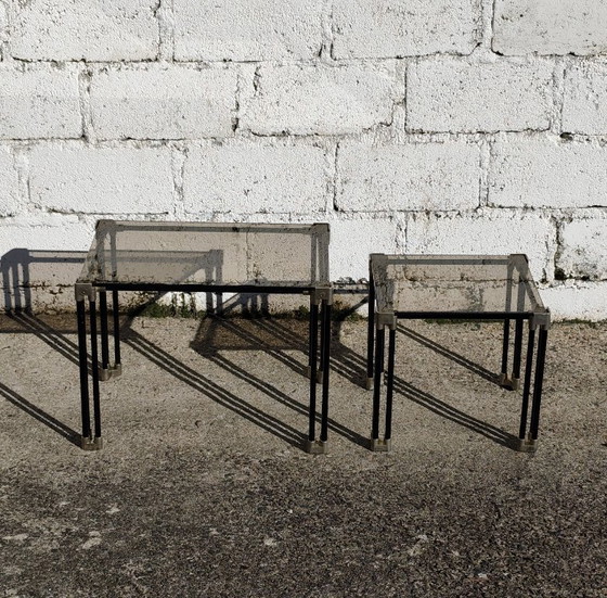 Tables gigognes en verre noir et or, Tables d'appoint, Métal, Vintage (photo 2 sur 15)