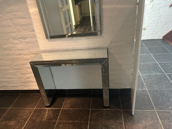 Art Deco Faceted Wall Mirror with Matching Sidetable – Glass, Wood (photo 7 of 10)