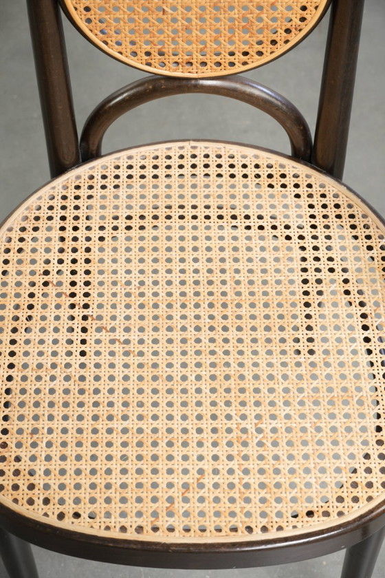 Image 1 of 6x Original vintage Thonet Long John chair with a high back, webbing seat and backrest, and gracefully curved wood