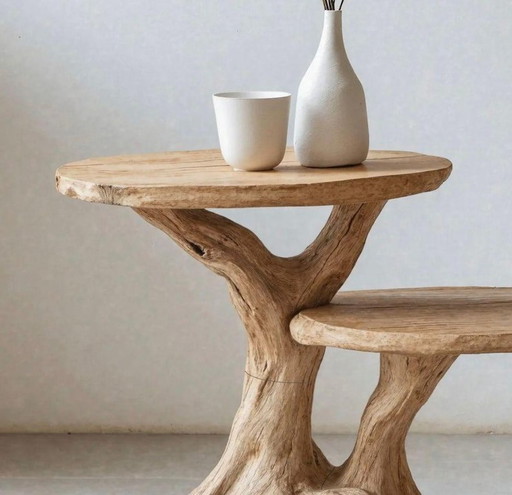 Mesa de comedor rústica escultórica de madera flotante natural y biológica