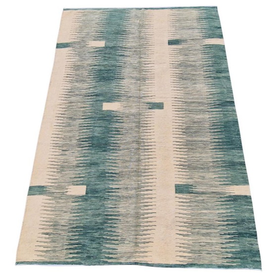 Handgeweven modern groen ikat kilim tapijt | Platgeweven | Hedendaags | 246 × 171 cm (97 × 67 inch) (photo 10 of 11)