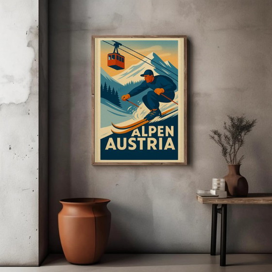 Poster sciatore Alpi austriache stile vintage, Carta, Blu (foto 2 di 6)