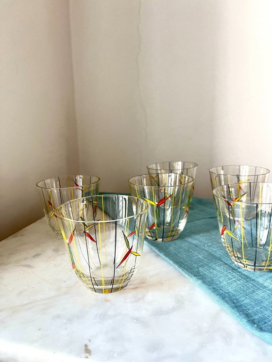 Image 1 of Set vintage di 6 bicchieri dipinti a mano di metà secolo - Articoli da bar anni '50 con design giallo e nero
