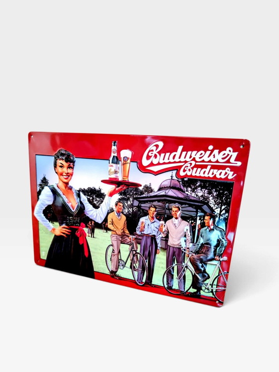 3 x Pubblicità Budweiser / Insegne pubblicitarie curve / Budvar – Oggetti decorativi, Metallo (photo 4 of 5)