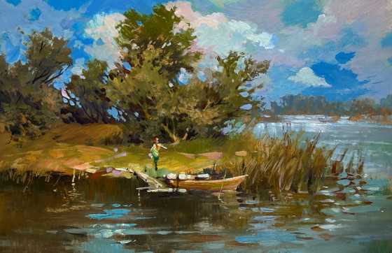 Image 1 of Origineel olieverfschilderij: Zomerlandschap langs de rivier. Zomerse reis langs de rivier.
