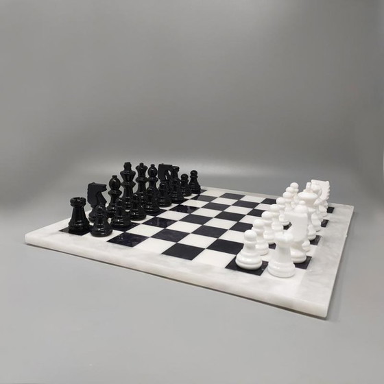 Image 1 of 1970s Gorgeous Black and White Chess Set in Volterra Alabaster Handmade Made in Italy