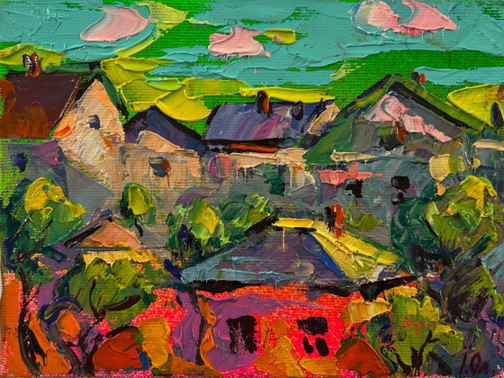 Originales Ölgemälde: Sommerlandschaft mit Dorfhäusern – Gemälde & Zeichnungen, Canvas (photo 3 of 8)