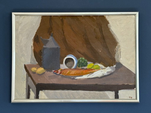 Nature morte moderniste du milieu du siècle « Fresh Catch », peinture à l'huile de Tage E. Nilsson (1918-2016)
