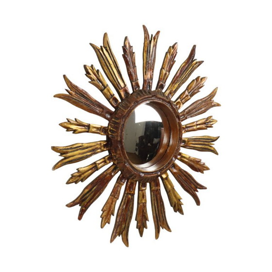 Image 1 of Vintage Wooden Sun Mirror Sunburst Gold Fifties 52cm