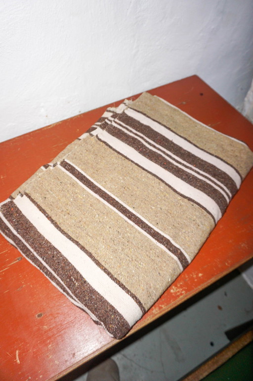 Couverture ou tapis Kilim en laine turque rayée vintage * Beige Brown Boho Decor * 235 X 165 Cm *