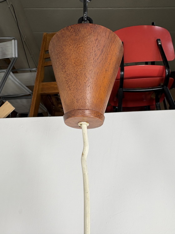 Image 1 of Temde Leuchten teak wood wooden veneer & plexiglas acrylic pendant hanging light lamp mid century modern 1970s seventies Swiss