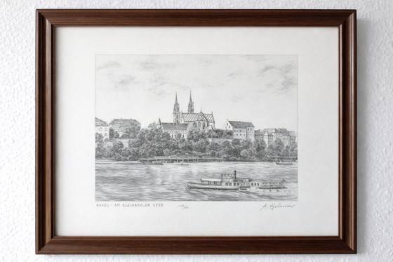 Image 1 of Litografia vintage firmata | Basilea – Am Kleinbasler Ufer | Annette Engelmeier