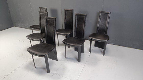 Image 1 of Schwarze Leder-Esszimmerstühle mit hoher Rückenlehne, Satz von 6, 1980er Jahre