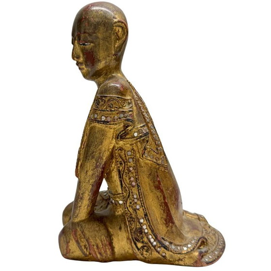 Antique Burmese Monk Statue – Hand-carved Teak Wood with Gold Leaf – 26 cm – Sculpture, Glass (photo 7 of 10)