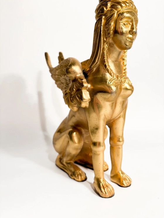 Gilt Bronze Sphinx Sculpture Resting on Marble Base, 20th Century (photo 12 of 14)