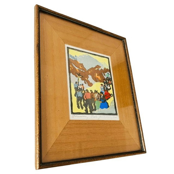 Image 1 of Vintage ingelijste Robert Saurwein gesigneerde kleurhoutsnede "Prozession" 1940's