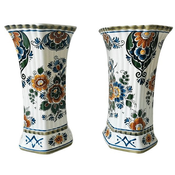 Image 1 of Vintage set of Delft Polychrome Dutch Handmade vases with floral motif, 1960s