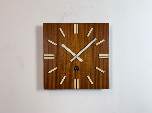 Vintage Brown Wooden Wall Clock from Pragotron, 1980s