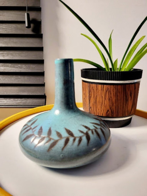 Vintage earthenware vase, abstract design with leaf decoration
