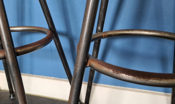 Image 1 of Set (2x) industrial vintage metal bar stools metal & wood