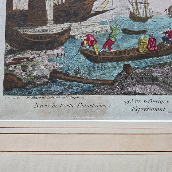 Image 1 of Antique optical engraving of the Port of Rotterdam, 18th century