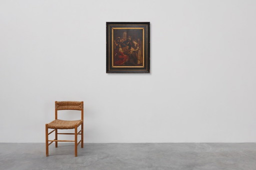 Dipinto religioso fiammingo del XVIII secolo con cornice, olio su tavola, Adorazione dei Magi