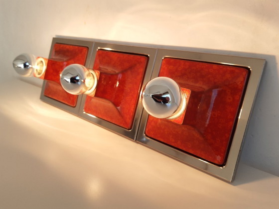 Image 1 of Set of 3 orange ceramic MCM wall lights, wall scones in chrome frame