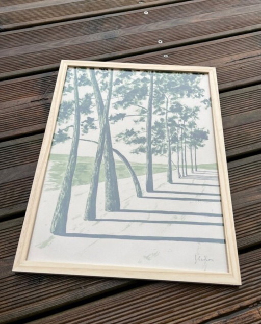 Olivgrüne Tinte auf 250 g Naturpapier. Größe 40 x 30 cm.