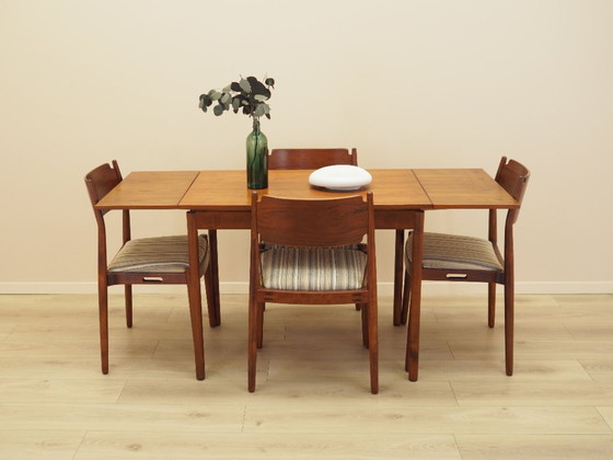 Table à manger extensible danoise en teck sur pieds en bois massif, années 1970, Tables de salle à manger (photo 11 sur 14)