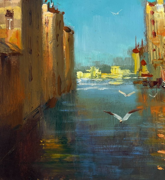 Image 1 of Original Oil Painting Evening River Landscape City on the water