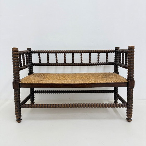 Wooden bench with bobbin legs and rush seat, Benches, Other, Brown, Vintage (photo 2 of 13)