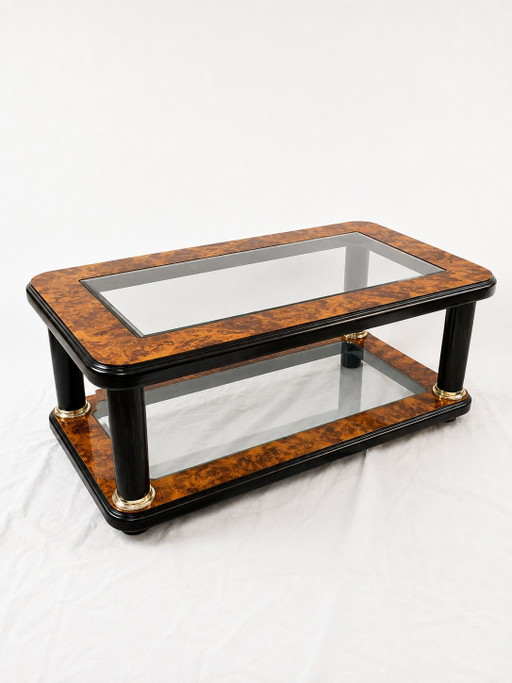 Couchtisch im Art-déco-Stil aus Maserholz, Glas und Messing – salontafels, Wood