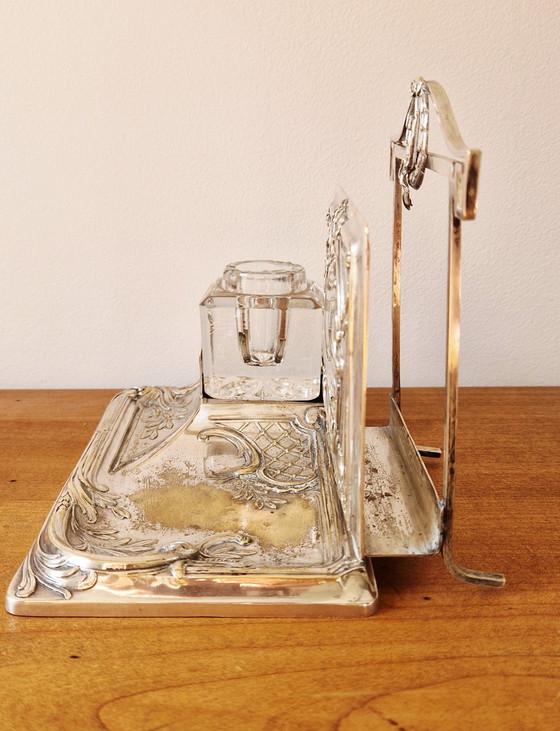 Image 1 of Mail holder with inkwell mirror-Silver-plated metal- 1900's