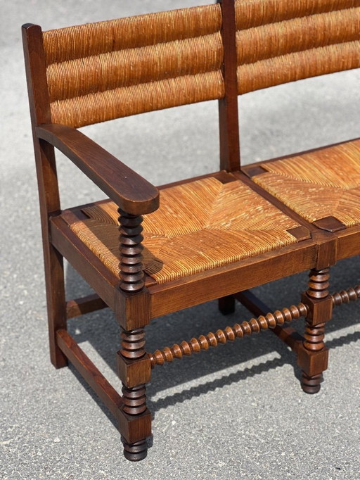 Bench in solid oak and straw French work 1940