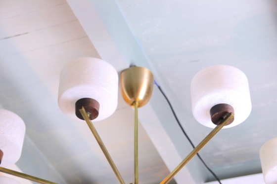 Image 1 of Lampadario scandinavo a otto luci, teak, ottone e opalino, metà secolo