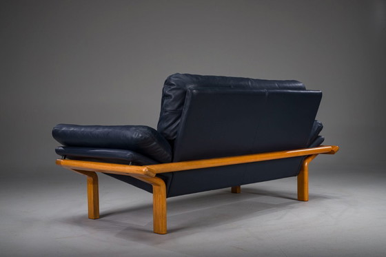 Image 1 of Danish Teak and Navy Blue Leather 2-Seater Sofa from Komfort, 1970s