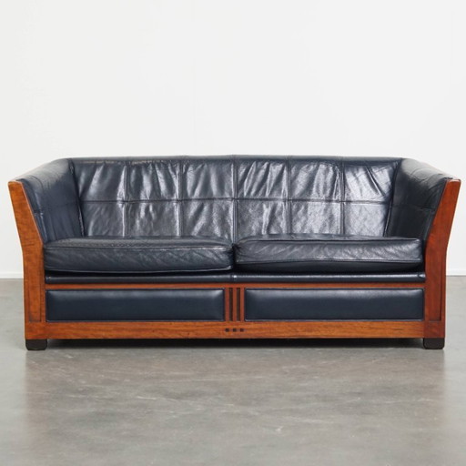 2,5-sitziges Art Deco Design-Sofa von Schuitema mit Holzarbeiten und dunkelblauem Rindsleder