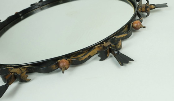 Image 1 of ronde mid century wandspiegel metalen lijst smeedijzer hout messing jaren 1950/60