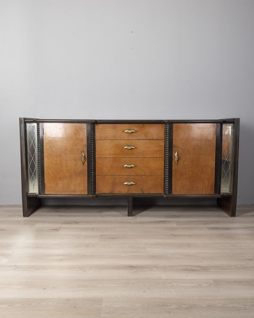 1940s vintage sideboard in wood and glass Italian Art Deco design 