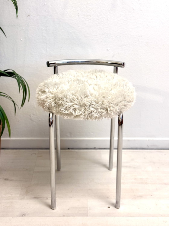 Image 1 of Vintage tubular frame stool with fluffy upholstery