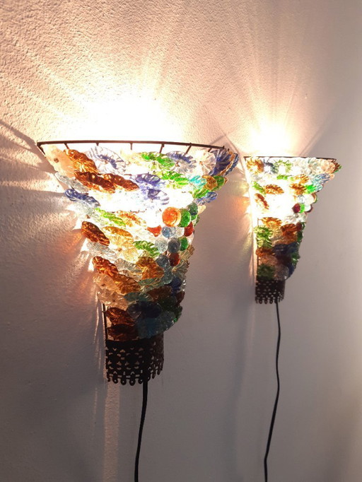Ensemble de 2 appliques murales avec fleurs et perles en verre coloré, style vintage.