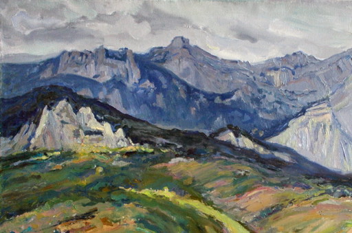 Original Ölgemälde Landschaft Natur Wiesen Felsen mit Bergblick – schilderijen tekeningen, Canvas (photo 2 of 5)