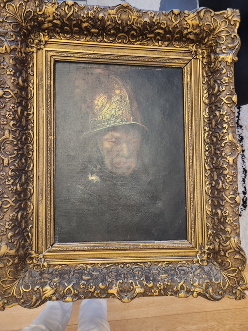 Pintura al óleo antigua - "El hombre del casco de oro" - Según Rembrandt van Rijn - ca. 1900 - Incluye marco barroco monumental