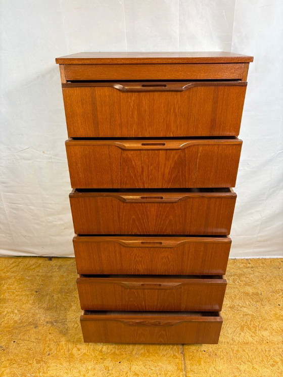 Image 1 of Mid-Century Retro Vintage Teak Chest of Drawers by Sakol 1960s  Six Drawers • Space-Saving Design • British Mid-Century Classic 