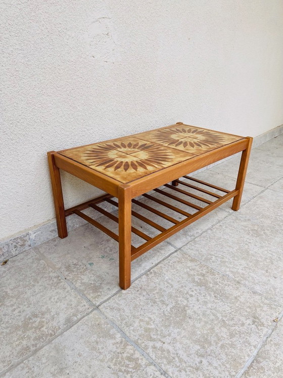 Image 1 of Vintage teak and ceramic coffee table with sun motif, 1960