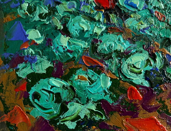 Image 1 of Original Oil Painting Sunset Village Landscape In the evening in the garden
