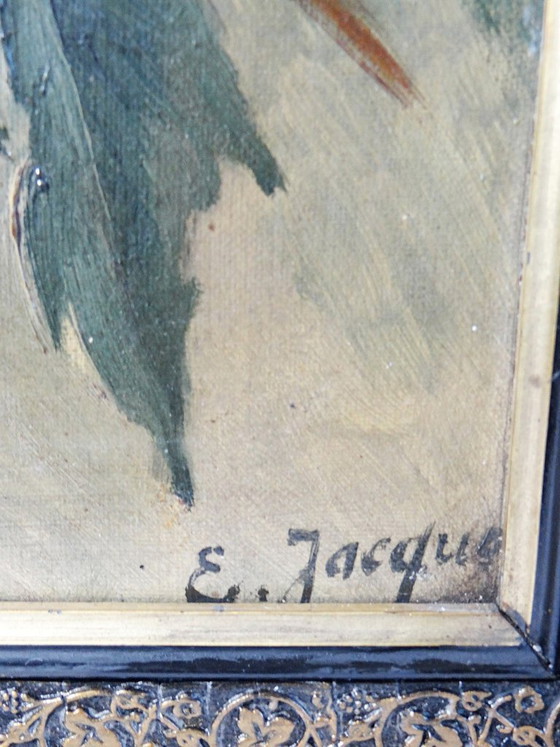 Image 1 of Large antique painting of peonies, signed E. Jacque, late 19th/early 20th century