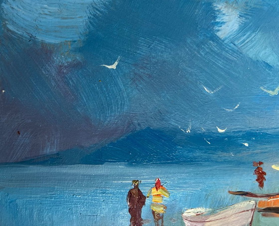 Image 1 of Peinture à l'huile originale, paysage de plage d'été, chaudes journées en mer